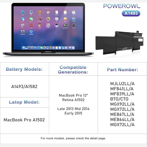 باتری MacBookPro مک بوک پرو13 A1502 مدل باتری 1493و1582ظرفیت 6600 میلی امپر اورجینال امازون المان